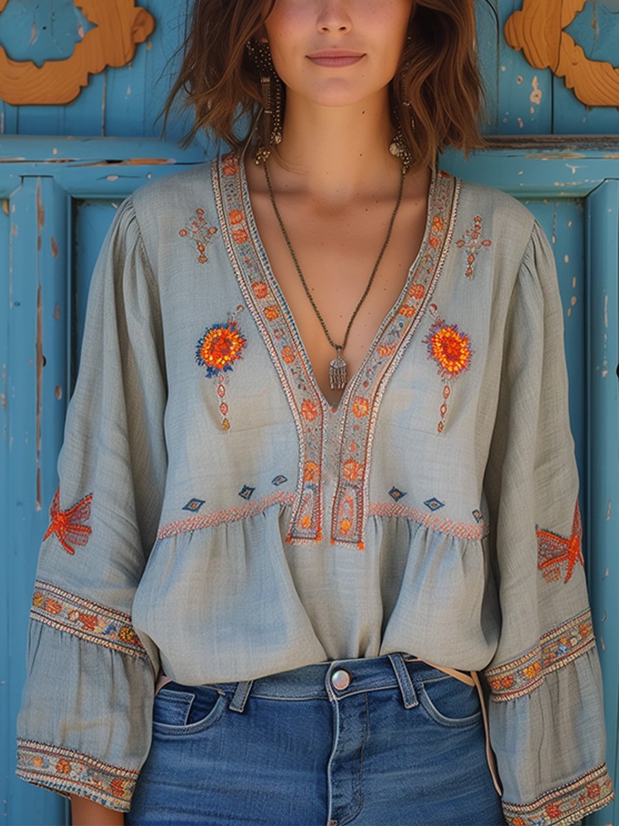 Penelope | Bohemian Embroidered Summer Blouse with V-Neck - Lumina 0
