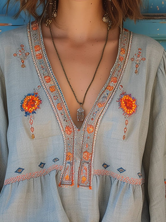 Penelope | Bohemian Embroidered Summer Blouse with V-Neck - Lumina 1