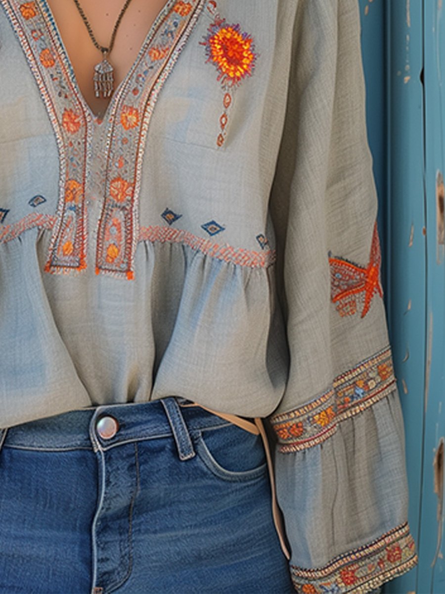 Penelope | Bohemian Embroidered Summer Blouse with V-Neck - Lumina 4