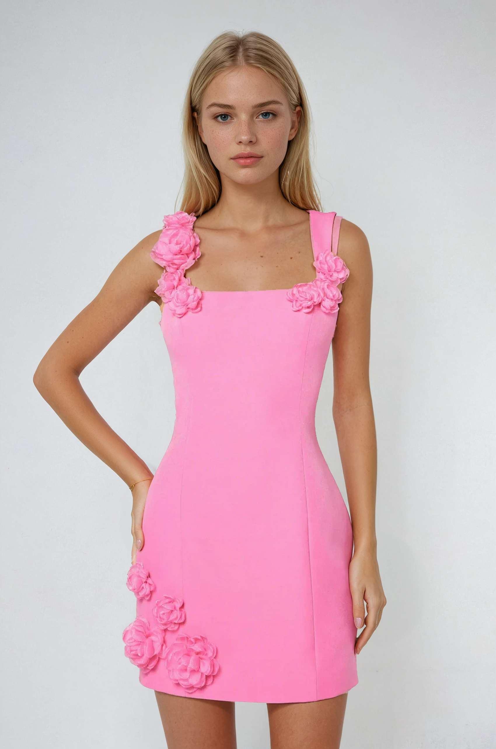 Pink Floral Appliqué Mini Dress 0