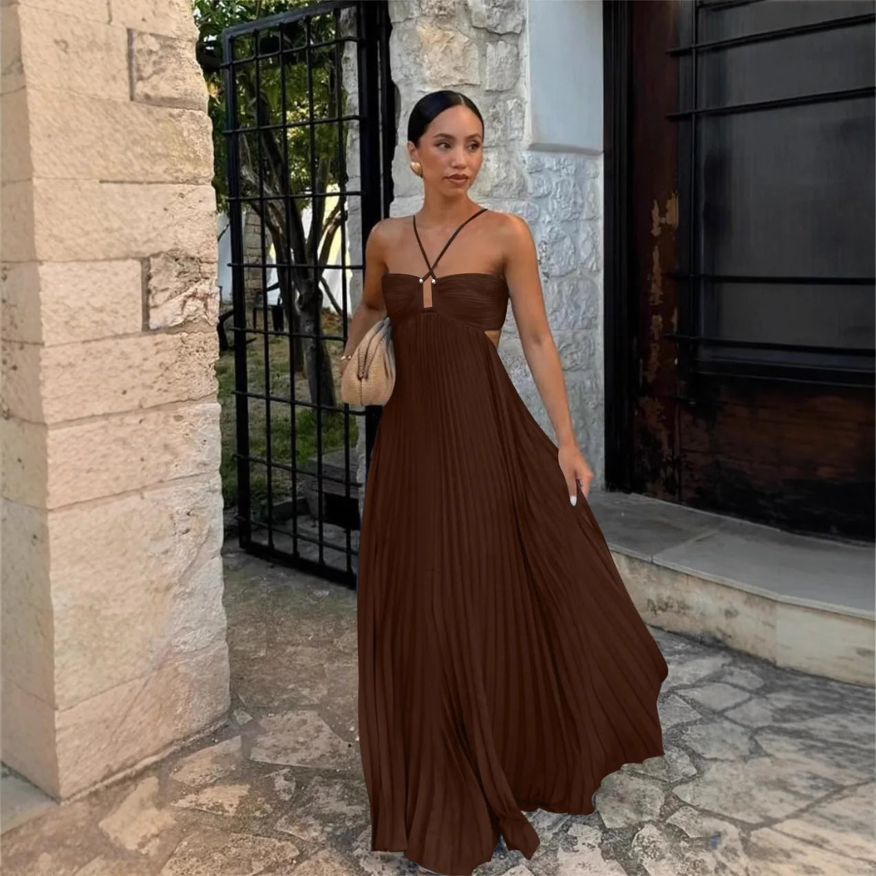 Pleated Halter Neck Maxi Dress with Open Back Detail 0