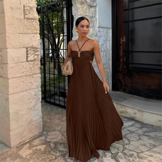 Pleated Halter Neck Maxi Dress with Open Back Detail 0