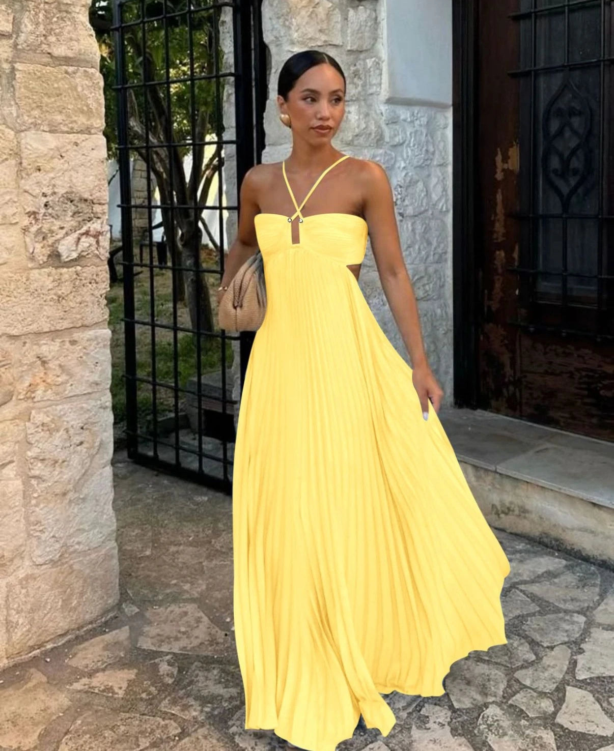Pleated Halter Neck Maxi Dress with Open Back Detail 7