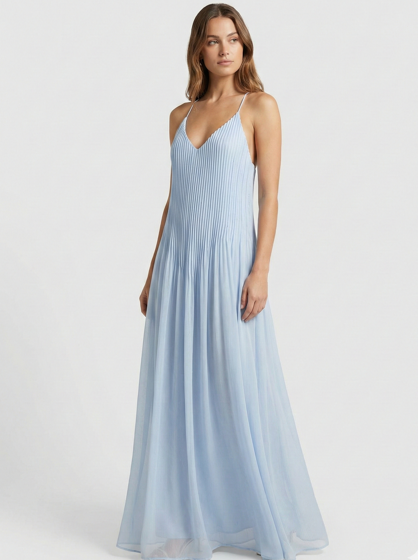 Pleated Spaghetti Strap Maxi Dress with Flowing Silhouette 0