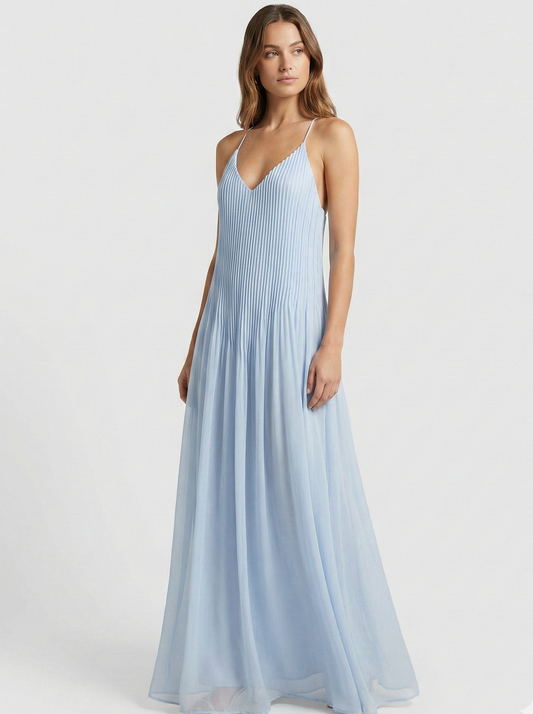 Pleated Spaghetti Strap Maxi Dress with Flowing Silhouette 0
