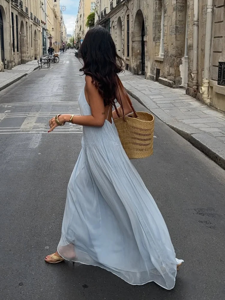 Pleated Spaghetti Strap Maxi Dress with Flowing Silhouette 2