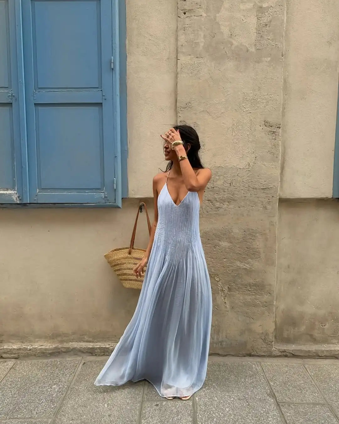 Pleated Spaghetti Strap Maxi Dress with Flowing Silhouette 7