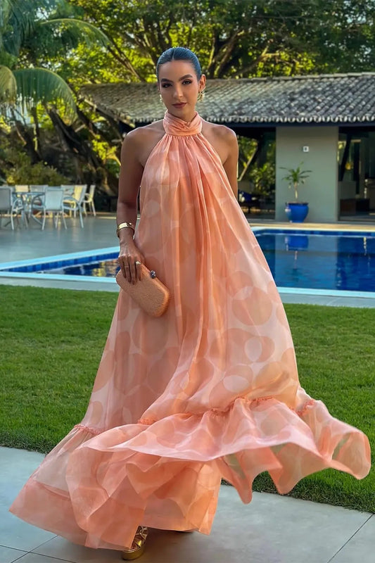 Printed Halter Neck Wedding Guest Maxi Dress 0