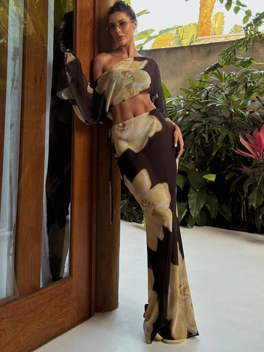 Printed One Shoulder Two Piece Set with Flowy Sleeve Detail 0