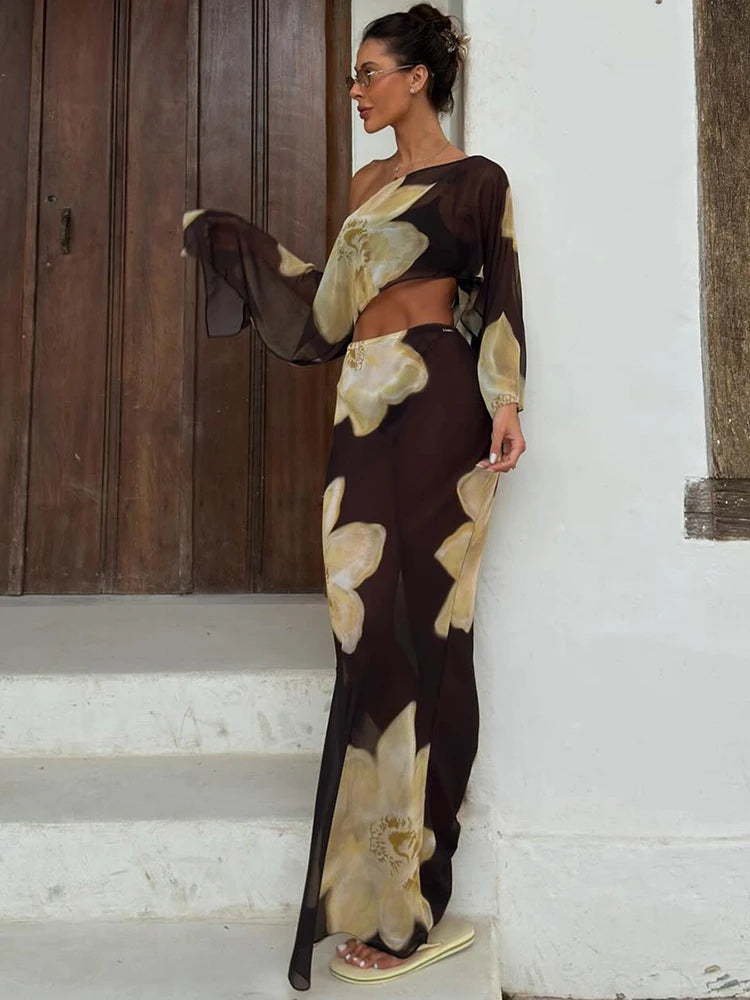 Printed One Shoulder Two Piece Set with Flowy Sleeve Detail 1