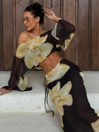 Printed One Shoulder Two Piece Set with Flowy Sleeve Detail 2