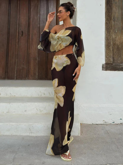 Printed One Shoulder Two Piece Set with Flowy Sleeve Detail 4