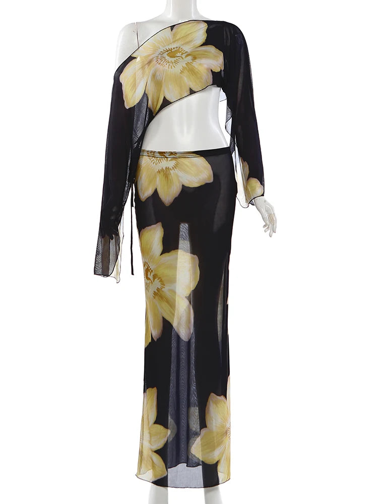 Printed One Shoulder Two Piece Set with Flowy Sleeve Detail 5