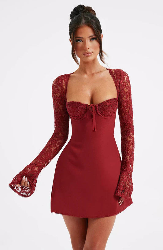 Red Lace Up Mini Dress 0
