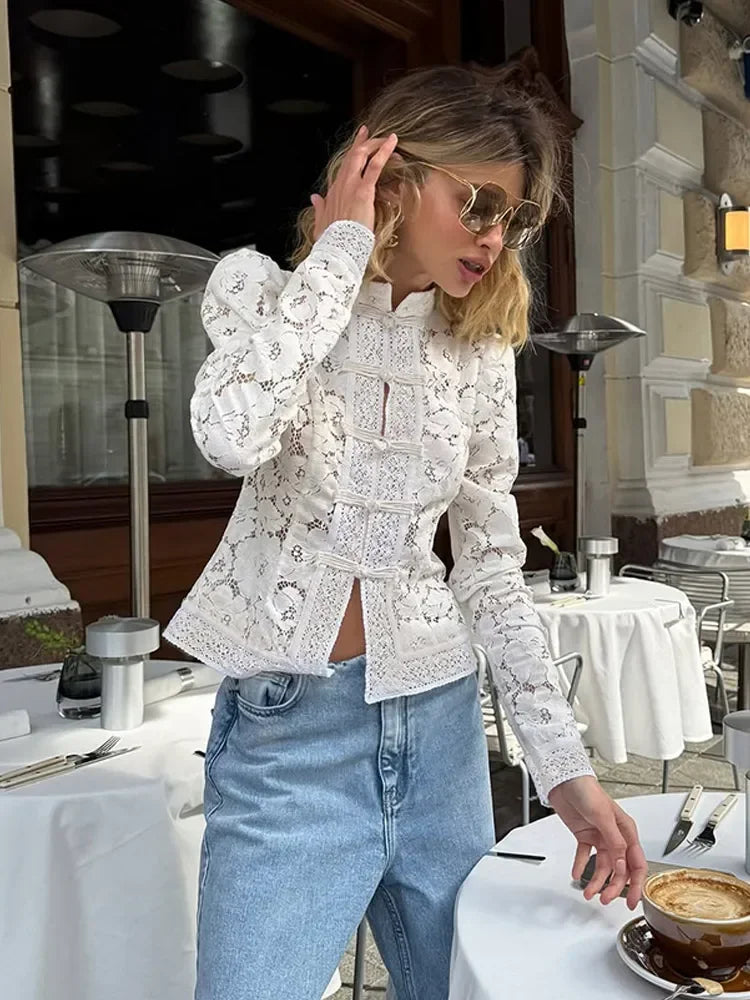 Retro Solid Chinese Hollow Lace Shirt Women Chic O Neck Long Sleeve Slim Knit Top Summer 2025 Fashion New Street Floral Blouses 4
