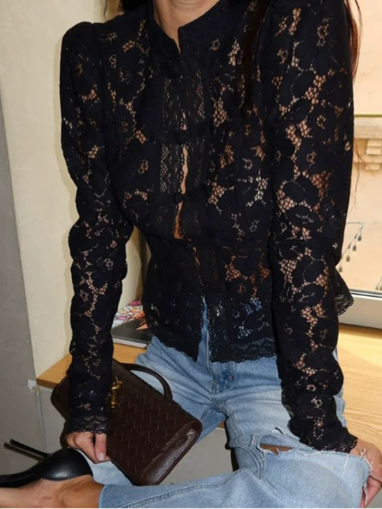 Retro Solid Chinese Hollow Lace Shirt Women Chic O Neck Long Sleeve Slim Knit Top Summer 2025 Fashion New Street Floral Blouses 7