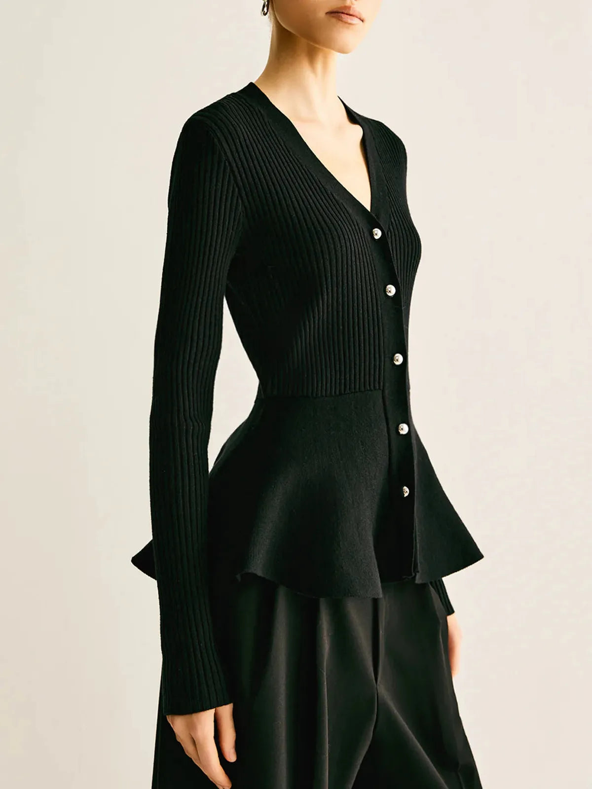 Ribbed Peplum Button Knit Top 1