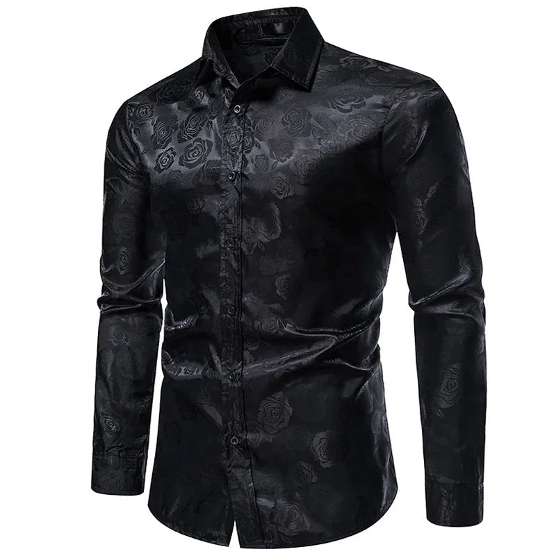 Rose Print Men's Shirt – Elegant Long Sleeve Floral Design for Formal Events 0