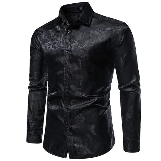 Rose Print Men's Shirt – Elegant Long Sleeve Floral Design for Formal Events 0