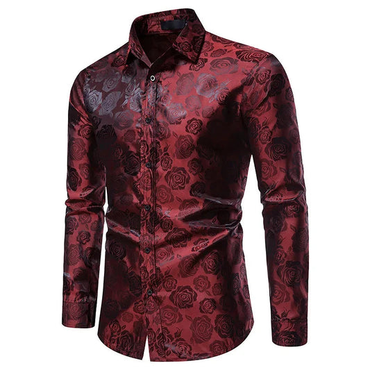 Rose Print Men's Shirt – Elegant Long Sleeve Floral Design for Formal Events 1