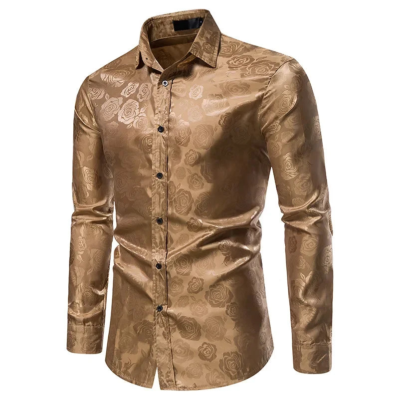Rose Print Men's Shirt – Elegant Long Sleeve Floral Design for Formal Events 2