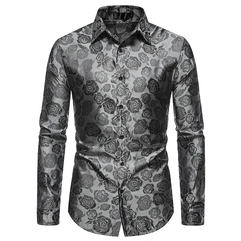 Rose Print Men's Shirt – Elegant Long Sleeve Floral Design for Formal Events 3