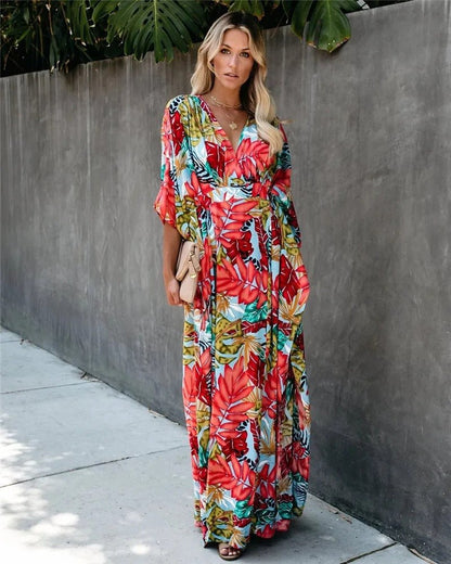 Rosie | Boho Maxi Wrap Dress Kimono Sleeves V-Neck Tropical Print 1