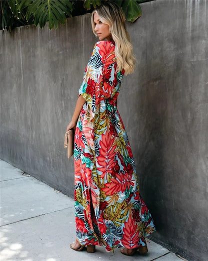 Rosie | Boho Maxi Wrap Dress Kimono Sleeves V-Neck Tropical Print 2