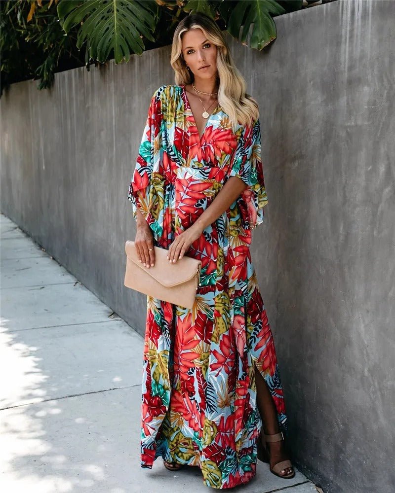 Rosie | Boho Maxi Wrap Dress Kimono Sleeves V-Neck Tropical Print 3