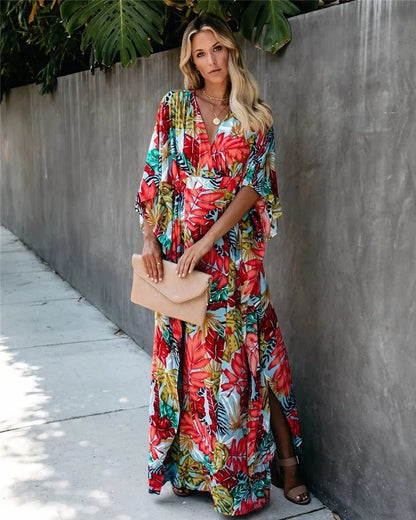 Rosie | Boho Maxi Wrap Dress Kimono Sleeves V-Neck Tropical Print 3