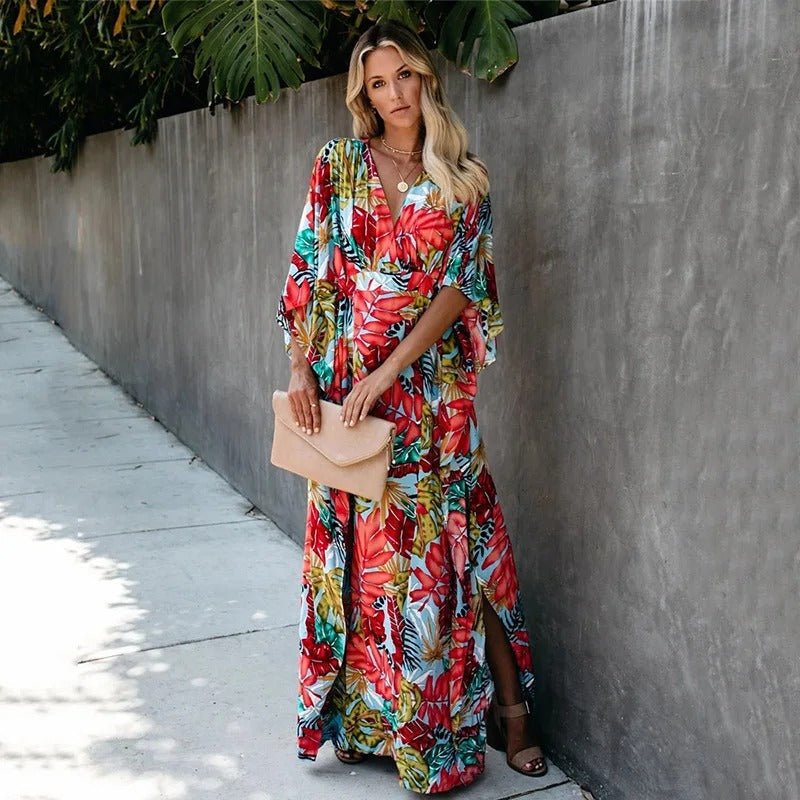 Rosie | Boho Maxi Wrap Dress Kimono Sleeves V-Neck Tropical Print 4