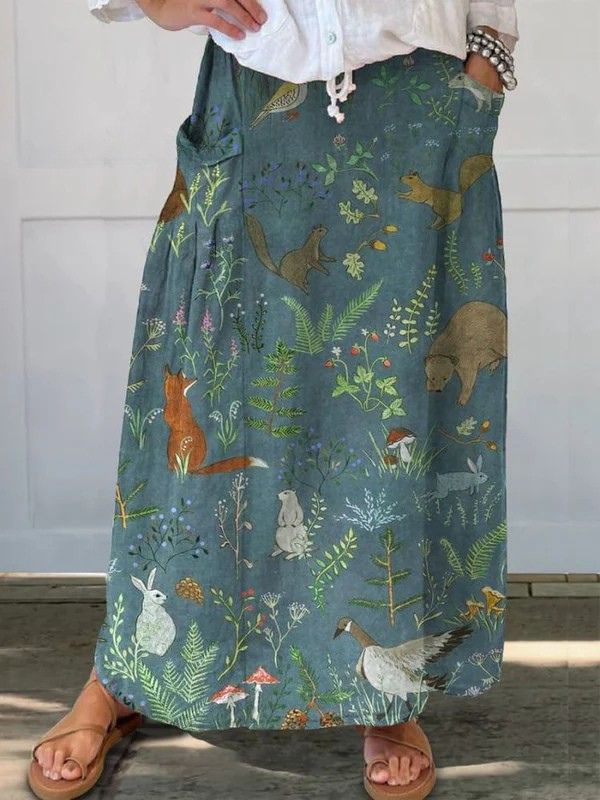 Rosil™ | Retro Floral Animals Art Casual Pocket Skirt 0