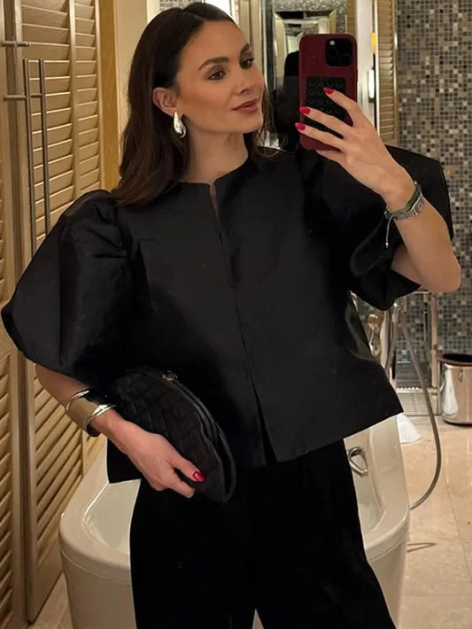 Round Neck Satin Solid Short Blouse For Women Elegant Button Puff Short Sleeve New Fashion Shirt Chic Lady Street Shirts 2025 0