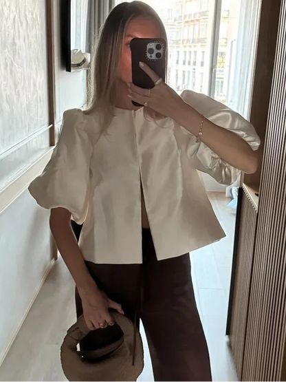 Round Neck Satin Solid Short Blouse For Women Elegant Button Puff Short Sleeve New Fashion Shirt Chic Lady Street Shirts 2025 2