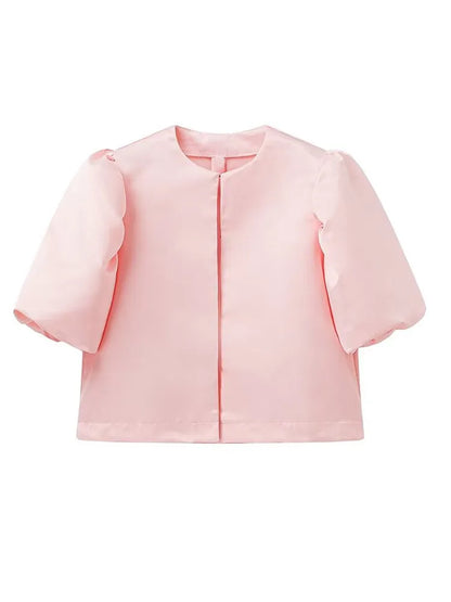 Round Neck Satin Solid Short Blouse For Women Elegant Button Puff Short Sleeve New Fashion Shirt Chic Lady Street Shirts 2025 5