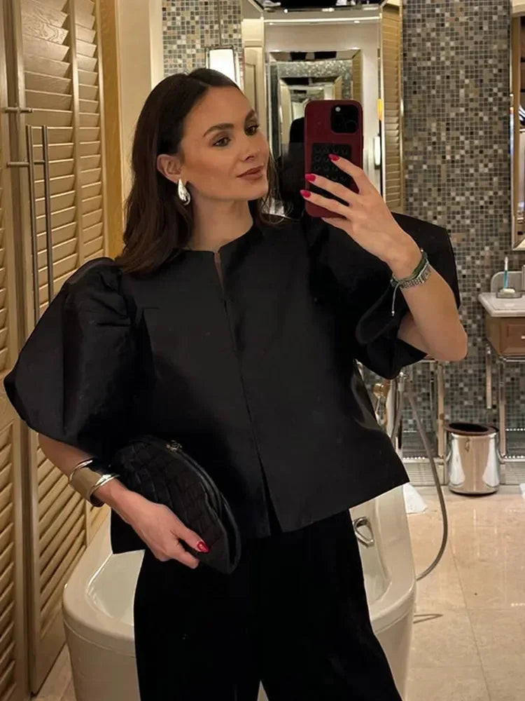 Round Neck Satin Solid Short Blouse For Women Elegant Button Puff Short Sleeve New Fashion Shirt Chic Lady Street Shirts 2025 7