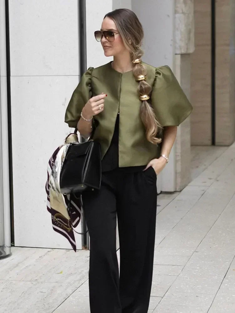 Round Neck Satin Solid Short Blouse For Women Elegant Button Puff Short Sleeve New Fashion Shirt Chic Lady Street Shirts 2025 8