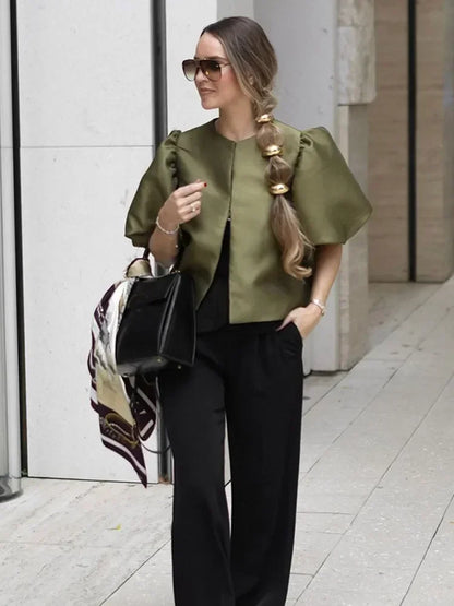 Round Neck Satin Solid Short Blouse For Women Elegant Button Puff Short Sleeve New Fashion Shirt Chic Lady Street Shirts 2025 8