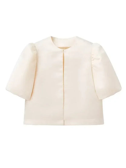 Round Neck Satin Solid Short Blouse For Women Elegant Button Puff Short Sleeve New Fashion Shirt Chic Lady Street Shirts 2025 9