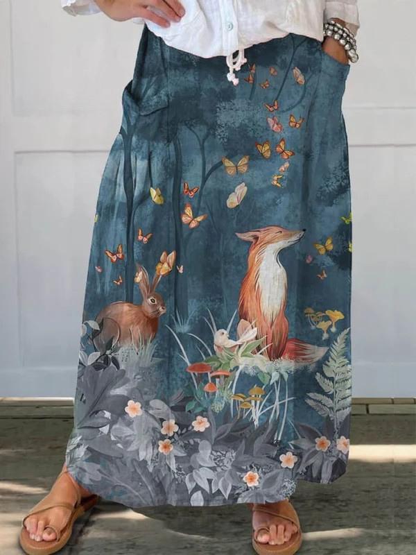 Roxy™ | Vintage Floral Animals Art Print Casual Pocket Skirt 0