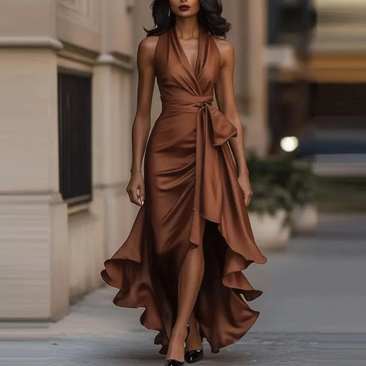 Satin Evening Dress – Off-Shoulder V-Neck Sophistication 0
