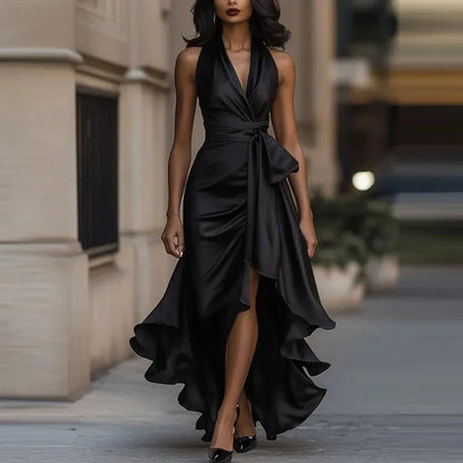 Satin Evening Dress – Off-Shoulder V-Neck Sophistication 2
