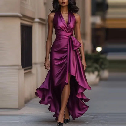 Satin Evening Dress – Off-Shoulder V-Neck Sophistication 3