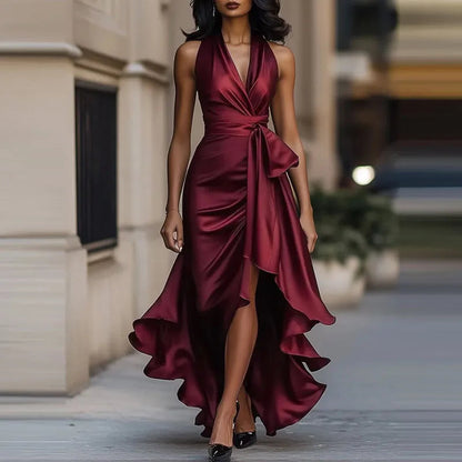 Satin Evening Dress – Off-Shoulder V-Neck Sophistication 4