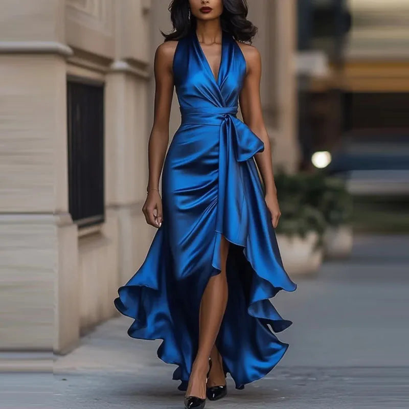 Satin Evening Dress – Off-Shoulder V-Neck Sophistication 7