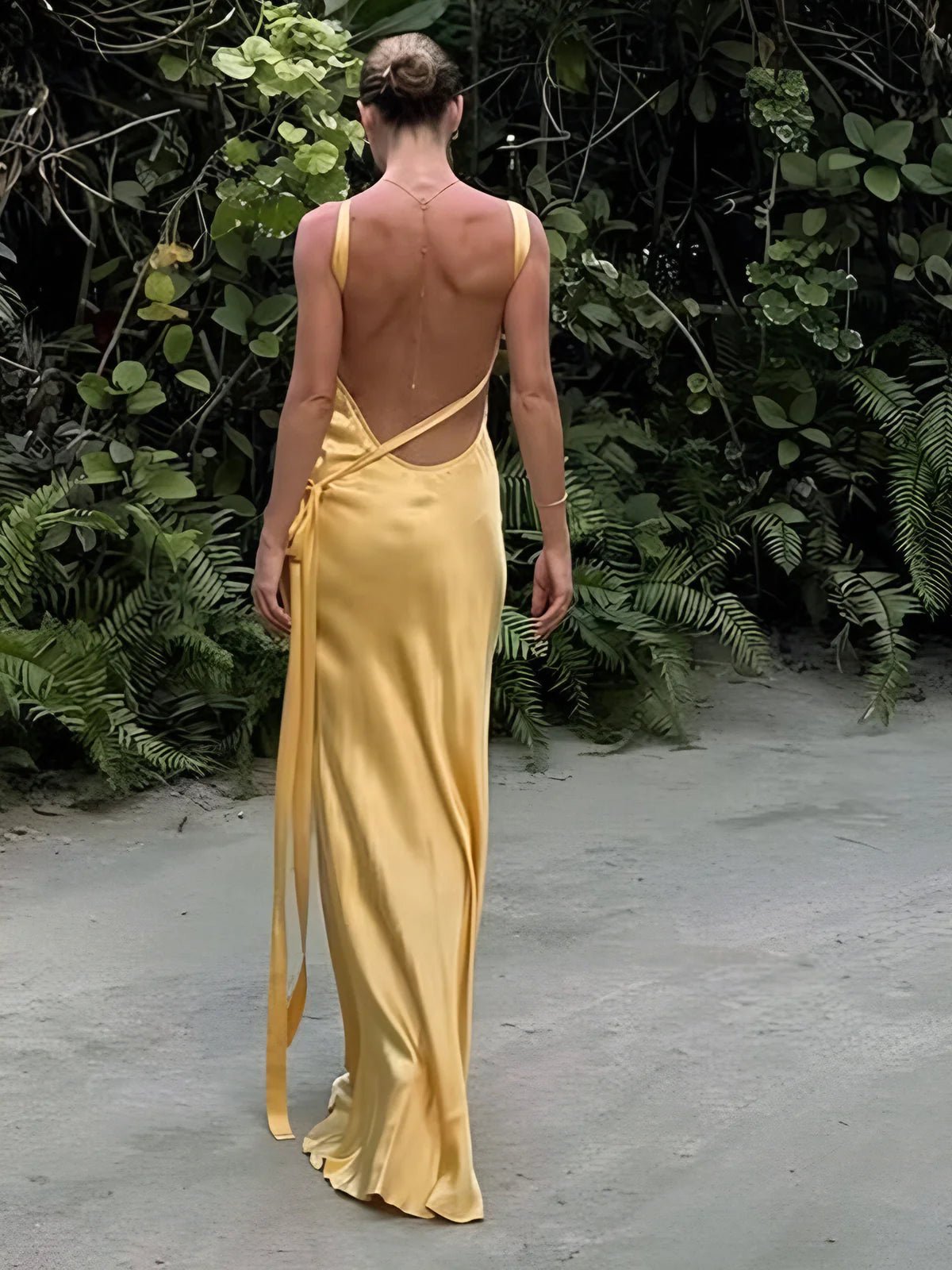 Semi-Sheer Yellow Satin Wedding Maxi Dress 2