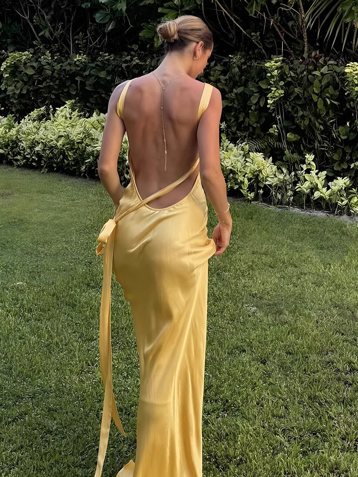 Semi-Sheer Yellow Satin Wedding Maxi Dress 3