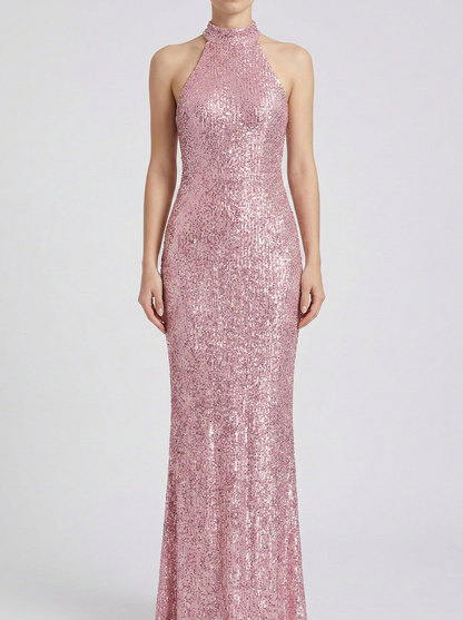 Sequin Halter Neck Maxi Dress with Elegant Fitted Silhouette 0