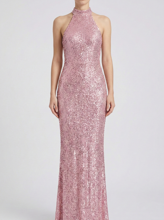 Sequin Halter Neck Maxi Dress with Elegant Fitted Silhouette 0
