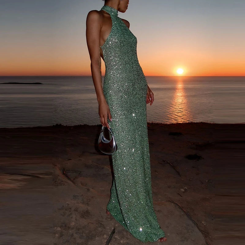 Sequin Halter Neck Maxi Dress with Elegant Fitted Silhouette 2